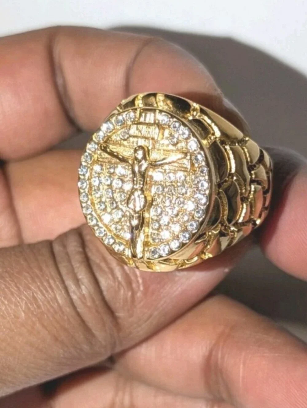 3ct Round CUT MOISSANITE MENS 14K YELLOW GOLD PLATED JEANS CRUSIFIX RING SZ 11